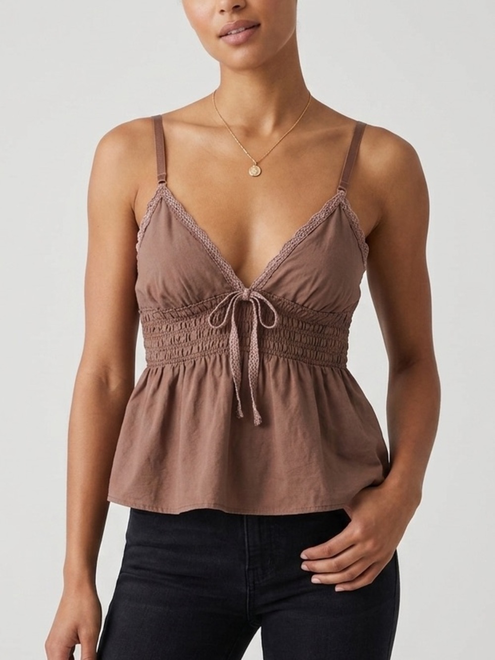Rue 21 Smocked Waist Cotton Brown Spaghetti Strap Peplum Crop Top Size Small